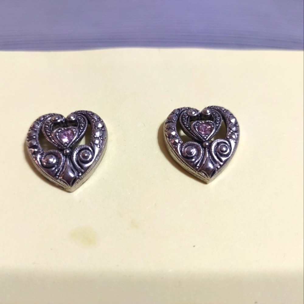 VTG Avon Heart Silver Post Earrings with Purple Amethyst Crystal